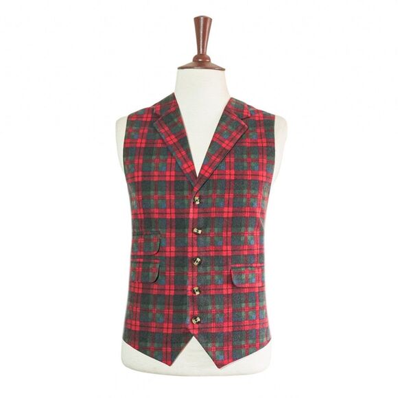 Mens 46R Wool Vest Red Green Blue Tartan Plaid Waistcoat Wedding Party Formal - Picture 1 of 8